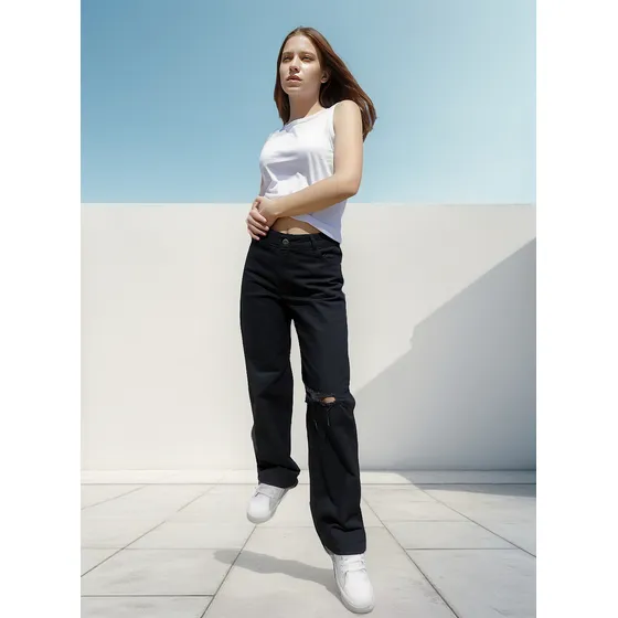 Pantalon Jeans Rigido Wide Leg Mujer Tiro Medio Negro- Alma