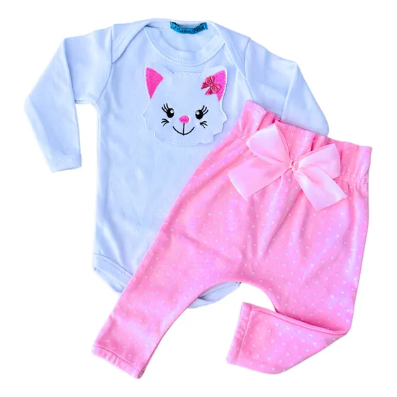 Conjunto Menina Bebê Algodão Com Aplique Bordado Calça E Bod