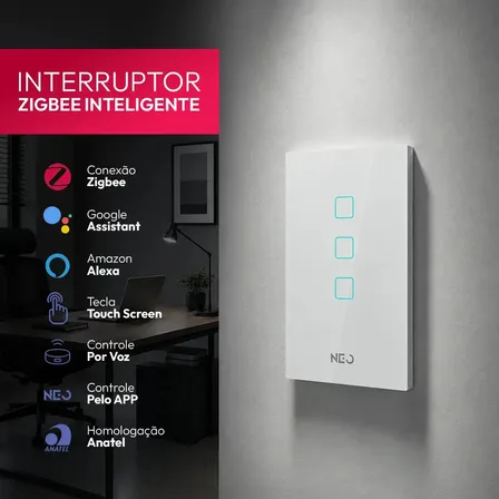 Interruptor Inteligente Smart Zigbee 3 Botões Touch Screen Branco Bivolt 4x2 Digital Neo 10 A 220v Branco 3 Botões