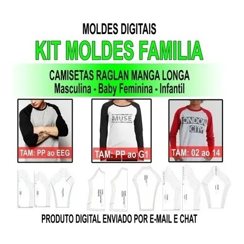 Kit Moldes Digital Camisa Raglan Manga Longa Masc Fem Inf