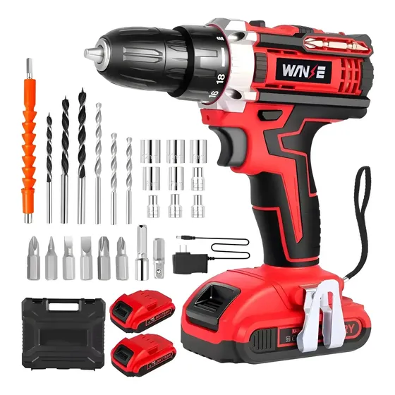 Kit Desatornillardor Electrico Taladro Inalámbrico 2 Batería Wanse Rojo