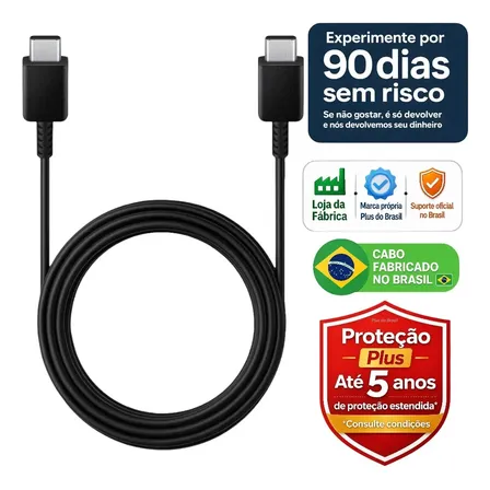 Plus do Brasil Cabo Usb C Carregador e Dados Turbo Tipo C Duplo Para Samsung S25 Ultra S24 S23 Fe S22 S21 S20 Chromebook 4 Galaxy Book S Xiaomi Apple Iphone 17 16 15 3a Blindado Fabricado no Brasil