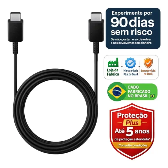 Plus do Brasil Cabo Usb C Carregador e Dados Turbo Tipo C Duplo Para Samsung S25 Ultra S24 S23 Fe S22 S21 S20 Chromebook 4 Galaxy Book S Super Rápido 3a Blindado Fabricado no Brasil
