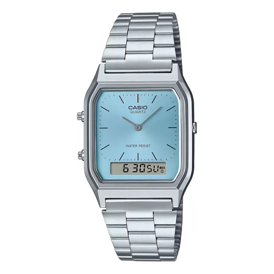 Reloj Casio Vintage AQ-230A-2A1 Analogo Digital Wr Malla Plateado Bisel Plateado Fondo Celeste