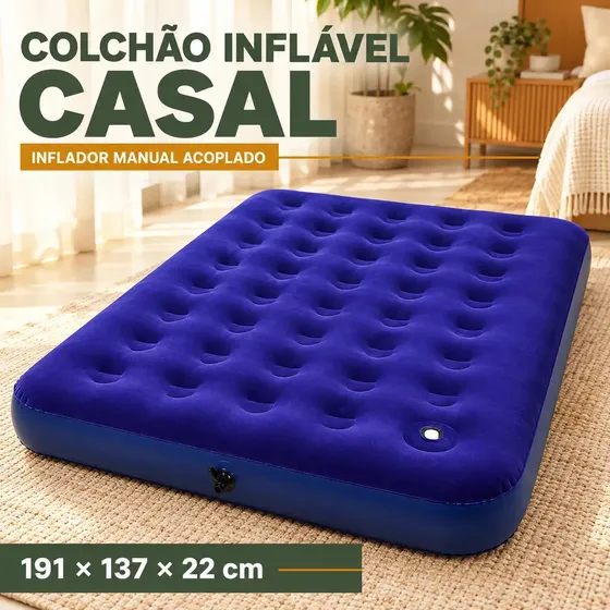 Colchão Casal inflavel Com Inflador Acoplado 180kg Camping 40 Buracos Compacto Fácil Armazenamento Aveludado LuvinCo Azul