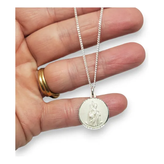 Dije  Escapulario Virgen Y Sagrado Corazon + Cadena Plata