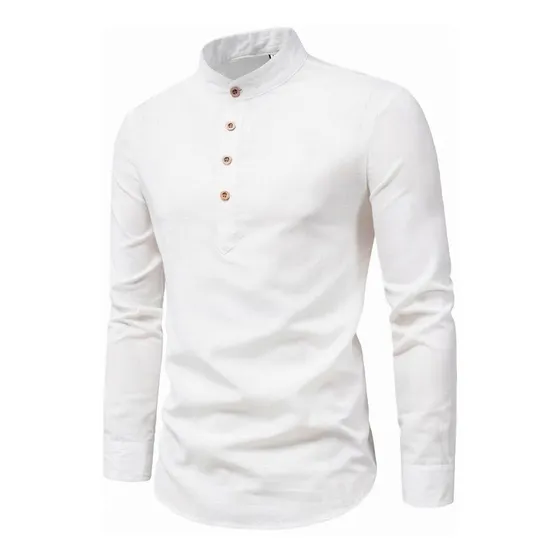 Camisa Hombre Casual Algodón Lino Cuello Mao Manga Larga