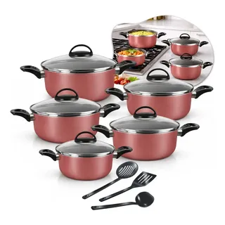 Conjunto De Panelas Caçarolas 5 Peças Antiaderente Com 3 Utensilios E Tampa De Vidro Rosé