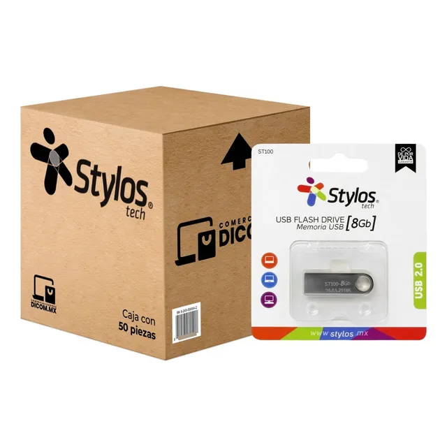 50 Pack Mayoreo - Memoria Usb 2.0 8gb Stylos Tech St100 Plateado St100