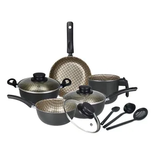 Jogo De Panelas Antiaderente 8 Peças Decorada Teflon Cor Grafite/beje Decorado