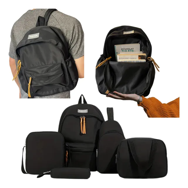 Morral Mujer Hombre Viaje Negro Set Mochila 5 Piezas Escolar
