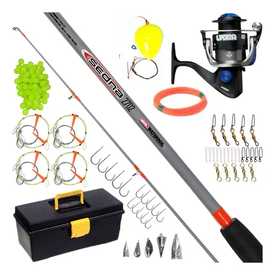Kit Combo Pesca Reel 1 Ruleman + Caja Completa Variada + Caña 2.10 Mt 2 Tramos 30 Lb Accion Media Trolling Dorado Surubi