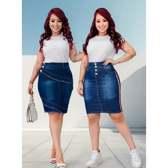 Kit 02 Saias Jeans Evangélicas Promoção E Lycra Dins