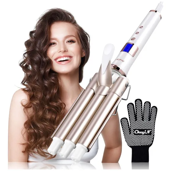 CkeyiN Waflera Cabello Rizadora de Pelo Tenazas Para Cabello Cerámica 22mm color rose gold 3 barriles Con Guantes HS520-US