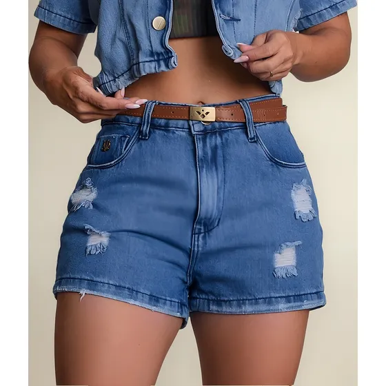 Short Jeans Destroyed Cintura Alta Empina Bumbum Com Cinto