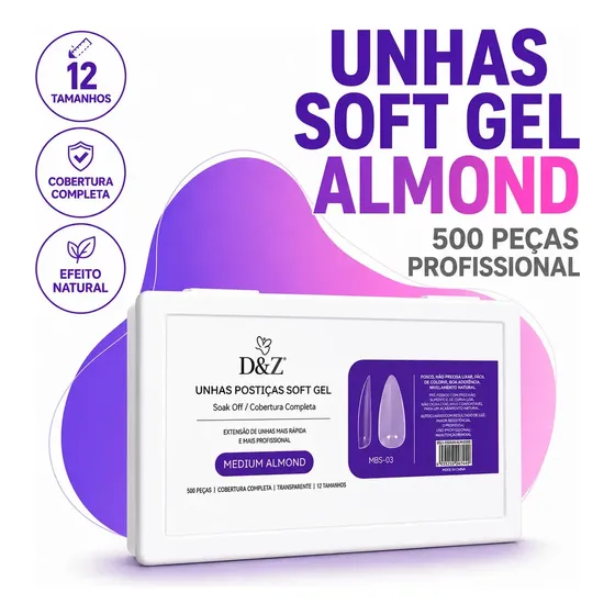 Unhas Postiças Soft Gel D&Z Amêndoa Média Fosca 500 Peças 12 Tamanhos