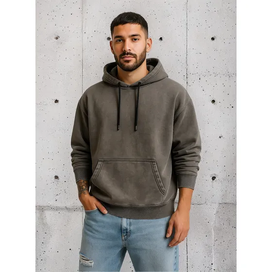 Buzo Hoodie Canguro Frizado Lavado Oversize Hombre