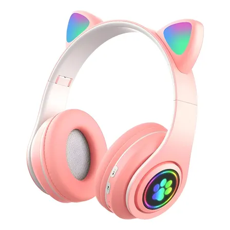 Audifonos Inalámbrico Bluetooth Rgb Orejas De Gato Rosa