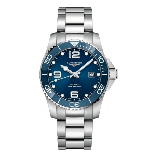 Reloj pulsera Longines L3.781.4 con correa de acero inoxidable color plateado - fondo azul