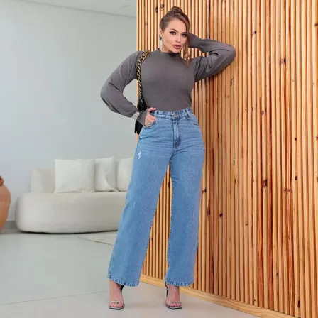 Calça Jeans Wide Leg Feminina Cintura Alta Sem Lycra 2026