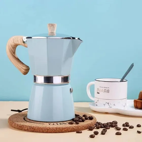 Cafetera Greca Expreso 12 Tazas Aluminio Mango Madera Azul