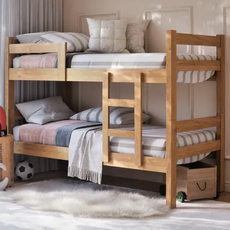 Cama Beliche Solteiro 2 em 1 Ibiza Com Escada E Grade Proteção Reforçada Moderna Para Quarto Cor Nature