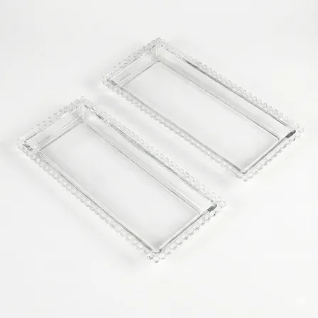 Kit 2 Travessa Vidro Cristal 30cm Retangular Bandeja Bolinha Transparente
