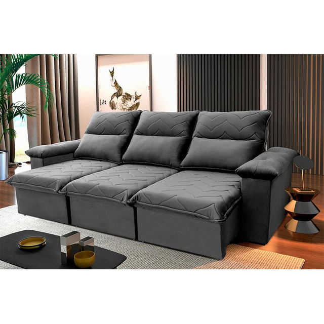 Sofá Retrátil/reclinável Paris 2,30m Velut Cinza C/ Molas