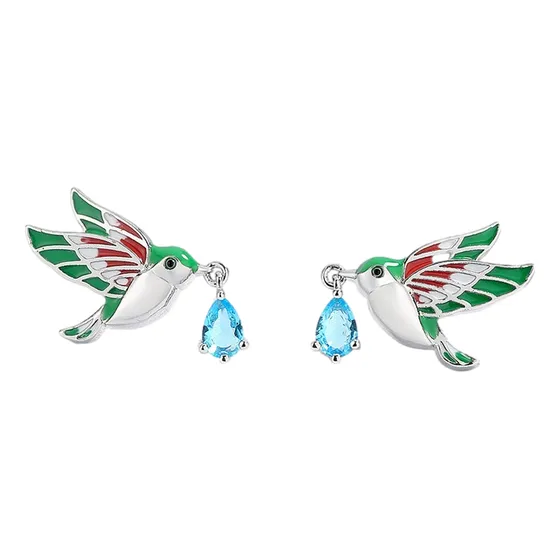 Aretes De Colibrí Tipo Broquel Chapado En Plata Ley 925 Con Cristal Zirconia Cúbica Azul Pica Flor Tricolor Buena Suerte Regalo Dama Novia Esposa Amiga Hermana