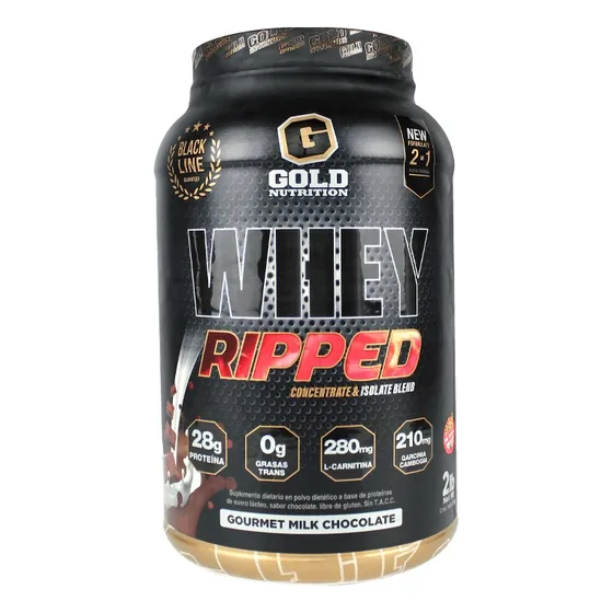Proteína Whey Ripped 907 Gr de Gold Nutrition, sabor chocolate" es un suplemento deportivo diseñado para apoyar el desarrollo muscular y la recuperación post-entrenamiento. Este producto combina prote