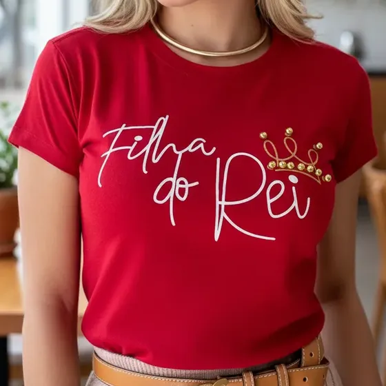 Tshirt Feminina Evangelica Filha Do Rei Vermelha Algodão