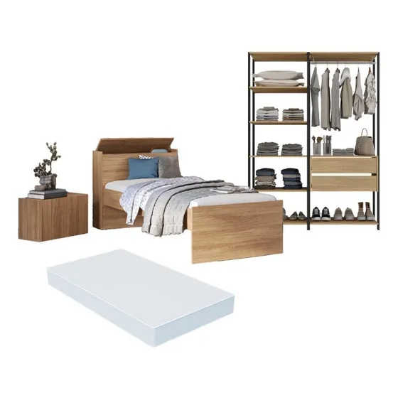 Quarto Completo com Cama Solteiro com Colchão Incluso e Baú Embutido Multimóveis MP4343 Preto/Madeirado