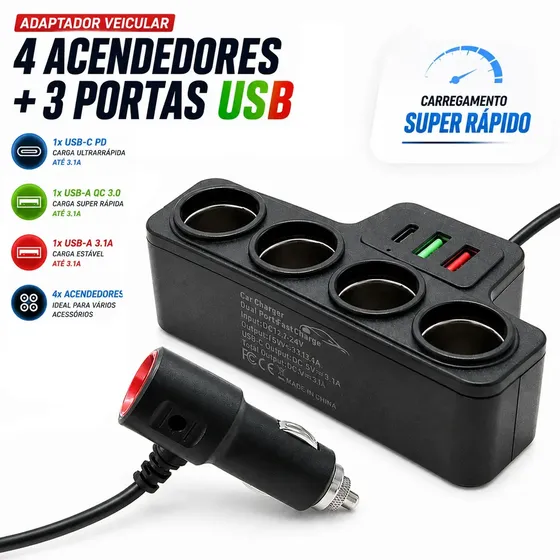 Carregador Veicular FixMyCell com 4 Tomadas e 3 Portas USB de Carga Rápida 120W