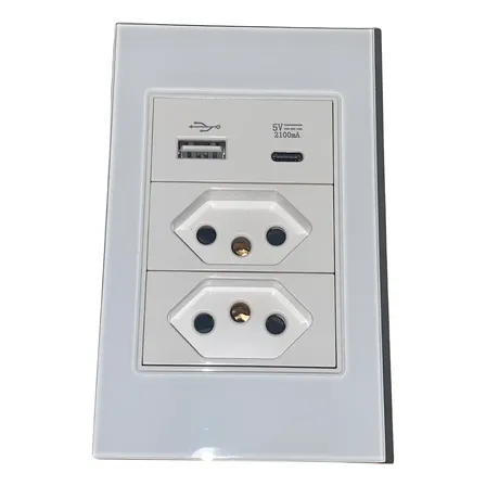 Interruptor Painel Vidro Luxo 2 Tomadas Entrada Tipo C +usb