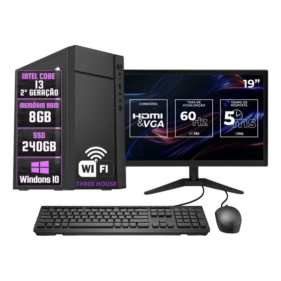 Computador Completo Intel I3 8gb Ssd256gb Monitor 19 + Wifi