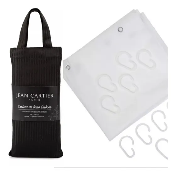 Kit Cortina Baño Jean Cartier Teflon + Ganchos +  Protector