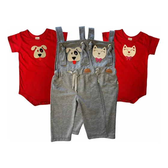 Conjunto Casal Gêmeos Jardineiras E Bodys