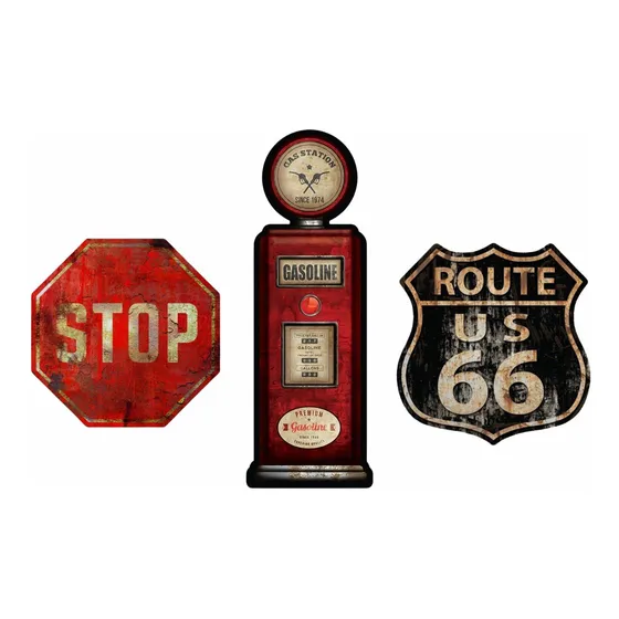 Kit Placas Decoração Stop, Gas Station E Route 66 Trânsito