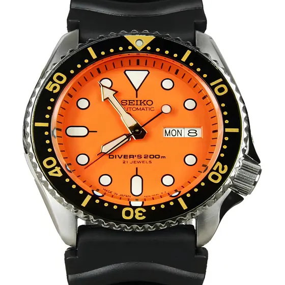 Made In Japan Seiko Automatic Scuba Diver 200m Skx011j1 Cor Da Correia Preta Cor Do Fundo Laranja