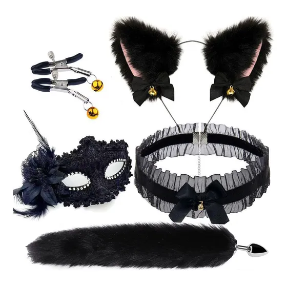 Fiesta De Disfraces De Juego, Cola De Zorro, Orejas De Gatoconjunto Encaje Negro 5 Piezas