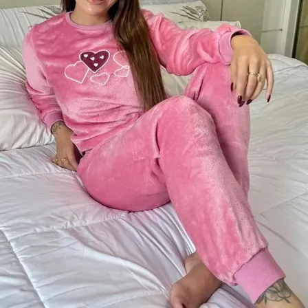 Pijama Feminino Adulto Fleece Inverno Longo Bordado Na Blusa Rosa Corações G