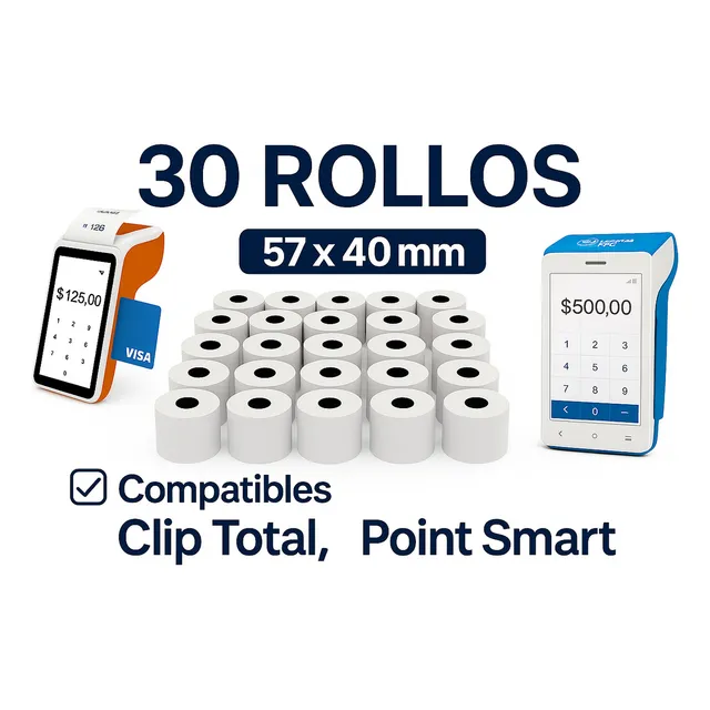 30 Pza Rollo Termico 57x40 Clip Total, Mercado Pago Point Smart Point Smart, Terminal Bancaria, dualbalance