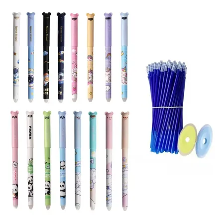 Plumas Borrables 12pcs Azul Con 50 Repuestos Y 2 Gomas Cian