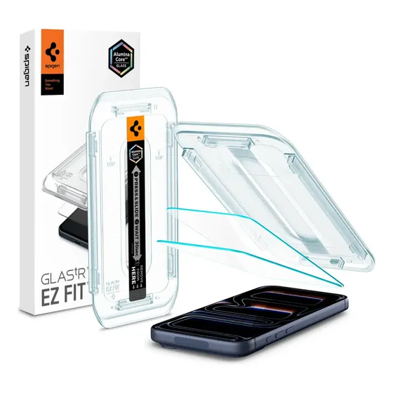 Spigen AluminaCore Protector de Pantalla de Vidrio Templado [Glas.tR EZ Fit] para iPhone 17 Pro, iPhone 17 y iPhone 16 Pro, Dureza 9H+ y durabilidad reforzada con aluminio - Paquete de 2 | Cuotas sin interés