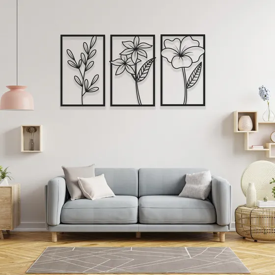 Cuadro Decorativo Triptico Hojas Circulos Calado Mdf 80x40cm