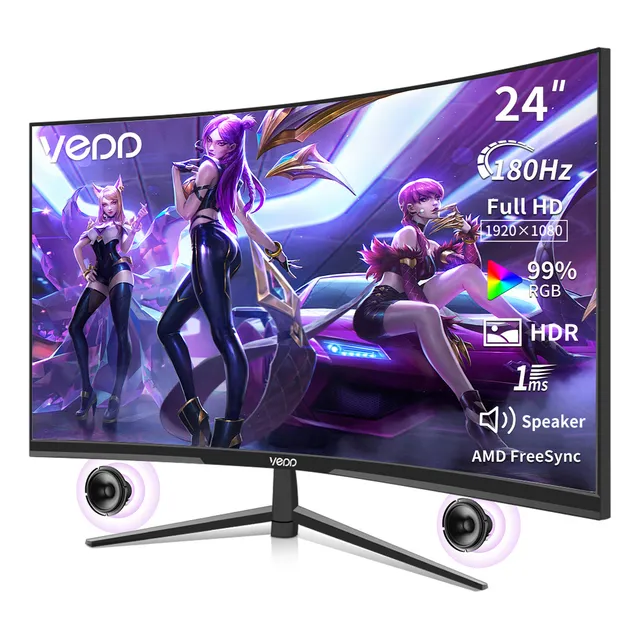 Vedd Computadoras Monitor Curvo Gamer 24 Pantalla 180hz 1ms,Full HD 1080P Monitor Para PC Xbox Series X/S,Eye Care,AMD FreeSync, Altavoces Integrados,HDMI 2.0,DP 1.4