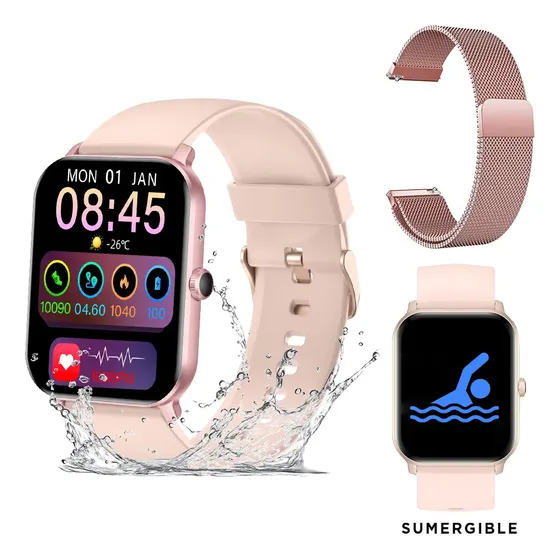 Smartwatch Cuadrado Sumergible Rosa Nictom Malla Metal Reloj Inteligente Dos Mallas