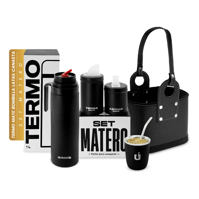 Set Matero Termo Acero 1 L Manija Mate Sumate Latas Canasta