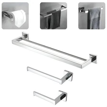 Kit Acessórios Banheiro Luxo Inox 304 Porta Toalha Duplo E Rosto Papeleira Cromado - Softinox