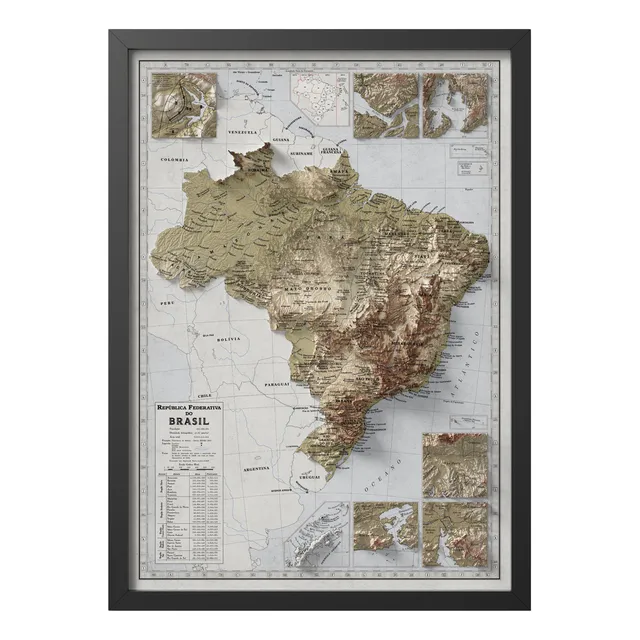Mapa Brasil Político Com Relevo Topográfico Moldura Preta A2